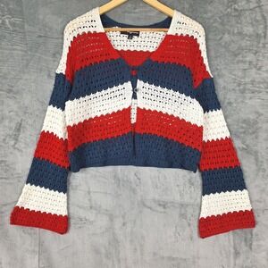 Womens Cardigan Small Crochet Americana Patriotic Cottagecore Striped‎ Cozy Knit